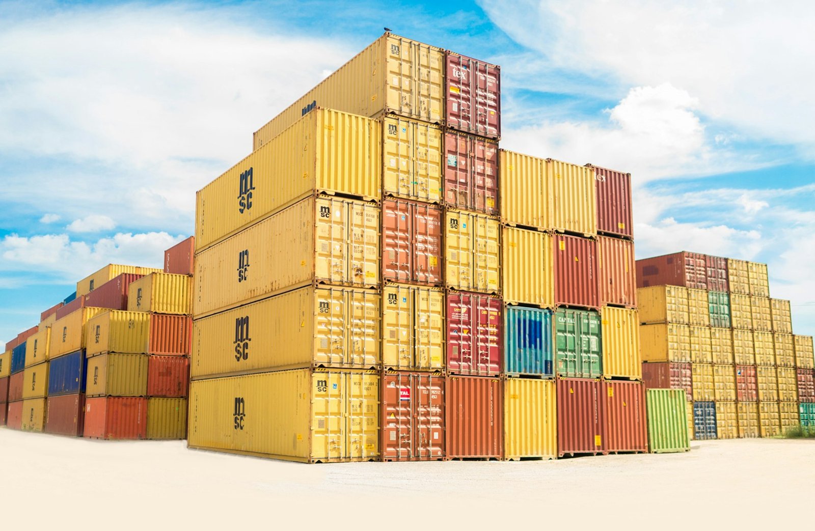 Assorted coloured intermodal containers