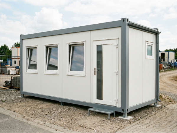 White sandwich-panel office container with toilet (illustration)