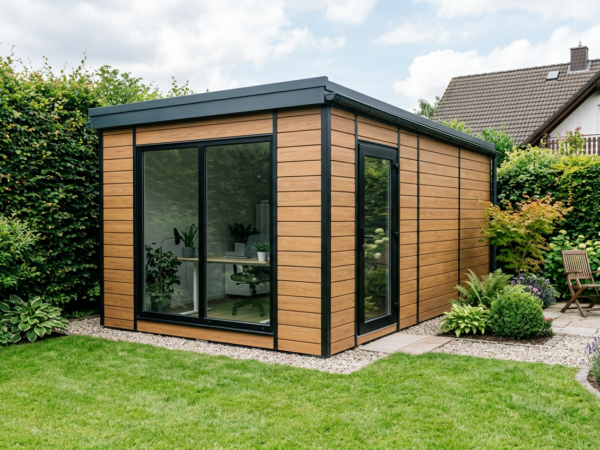 Garden office container with wood-effect facade and large glazing (illustration)