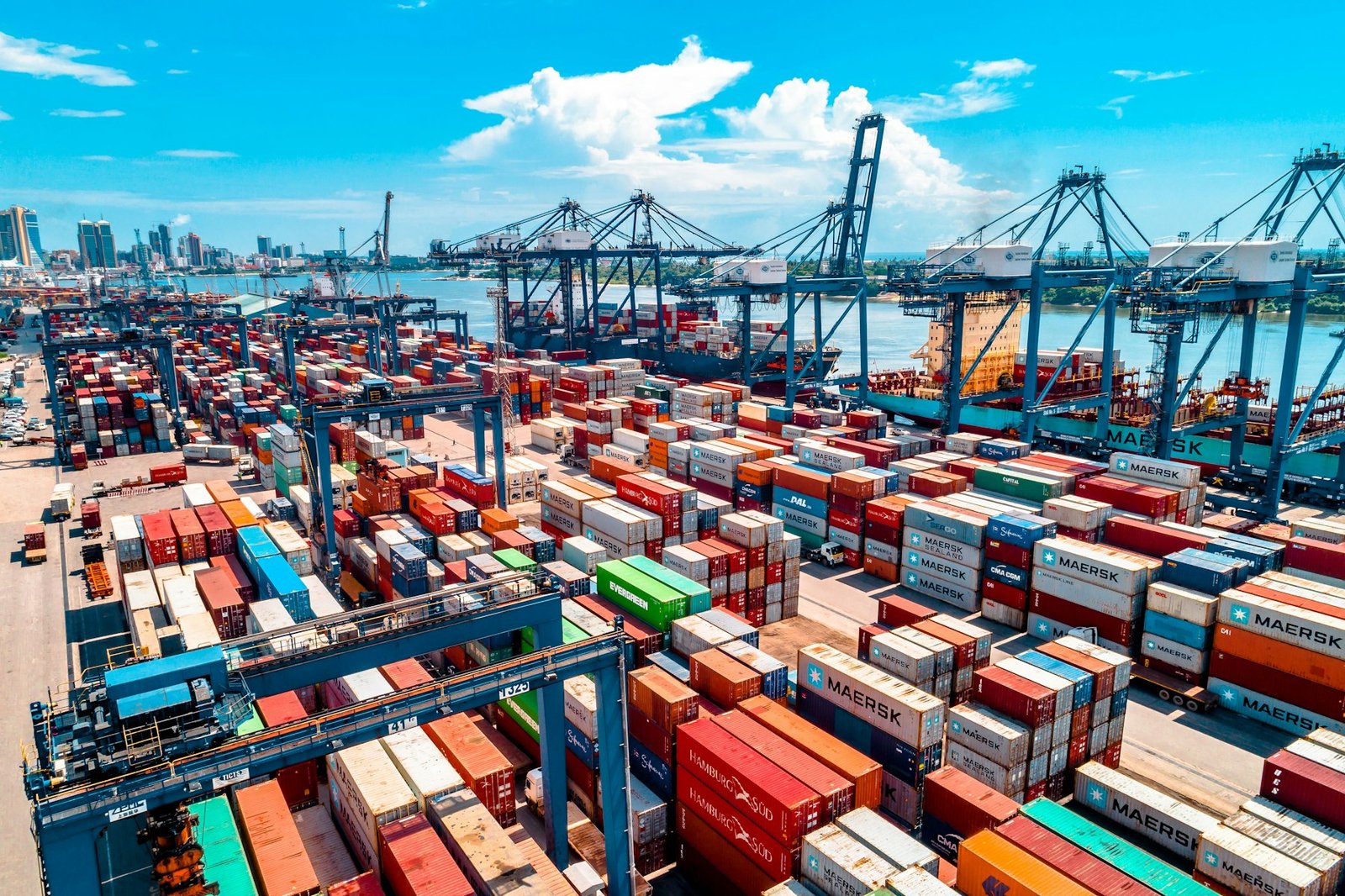 Stacked shipping containers in a port